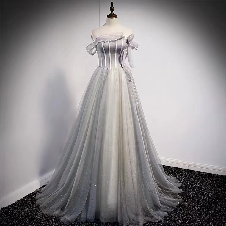Off-the-shoulder Evening Dress, Senior Grey Fairy Tulle Dress, Dream Party Dress, Noble Prom Dress,custom Made