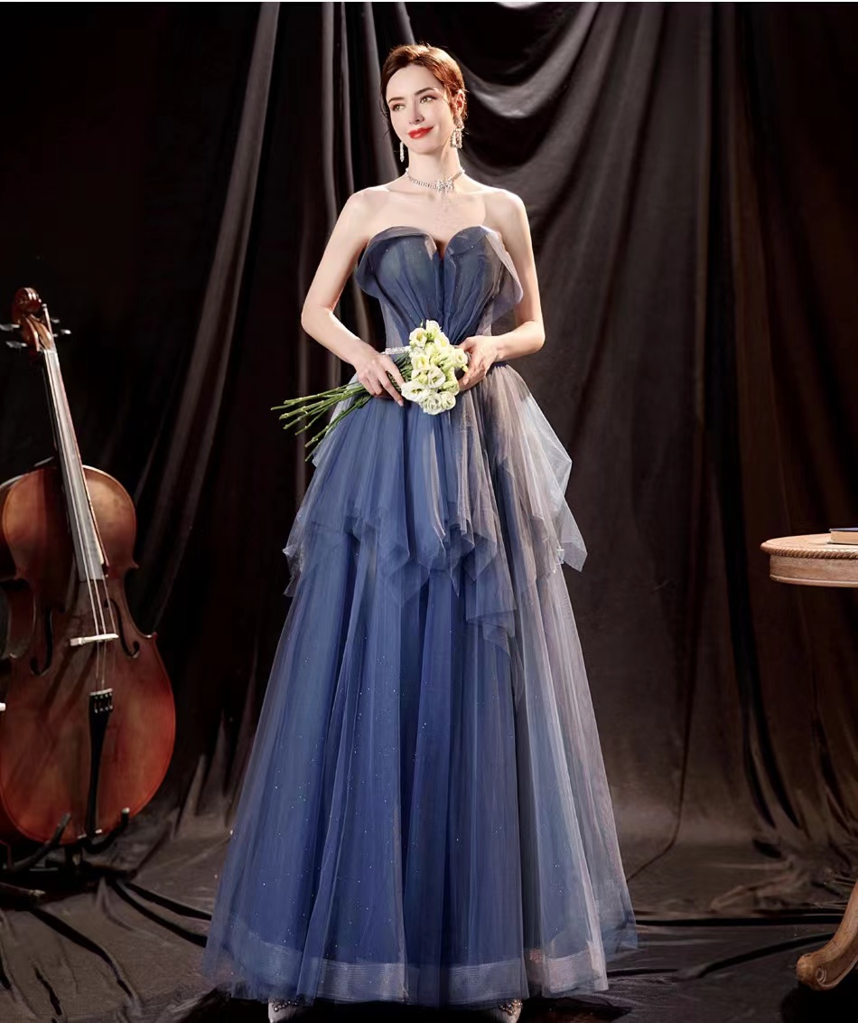 Stylish Prom Dress, Blue Party Dress, Strapless Evening Dress,custom Made