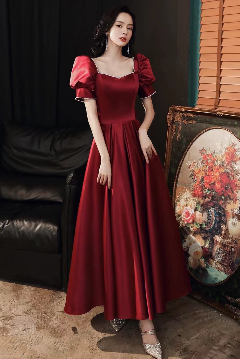 Satin Party Dress, Burgundy Evening Gown,custom Made