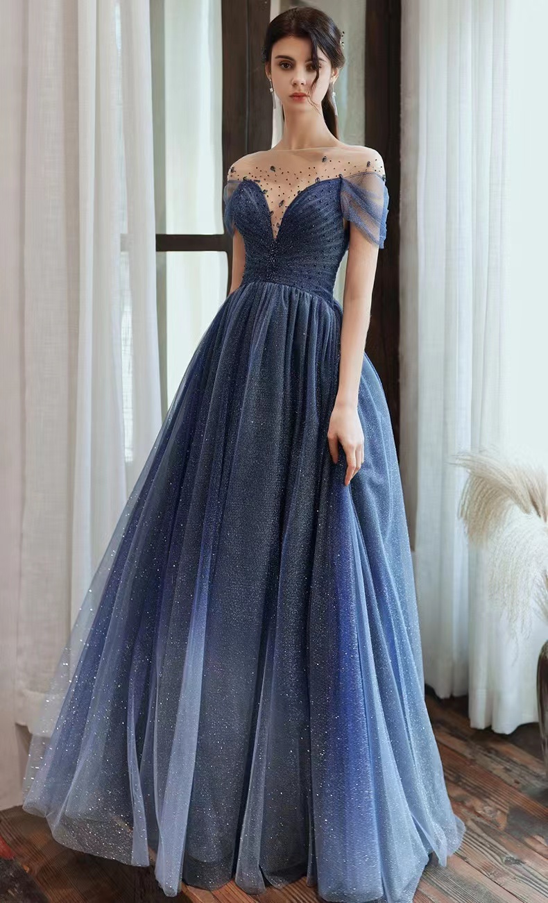 Gradient Blue Prom Dress, Dreamy Starry Night Evening Dress, Beaded Dress,custom Made