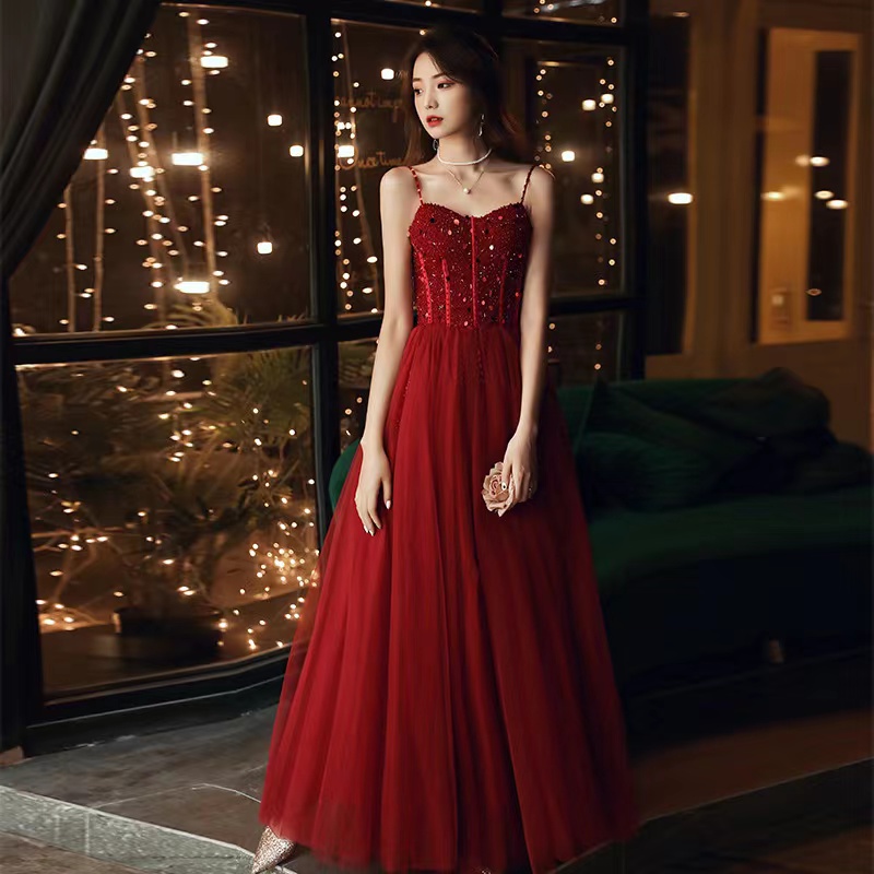 Red Dress, Spaghetti Strap Party Dress, Beaded Evening Dress,custom Made