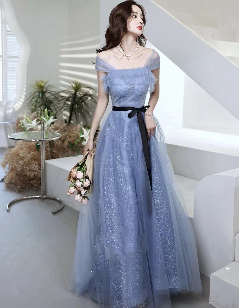 Blue evening dress, new style, simple, elegant off shoulder party dress,custom made