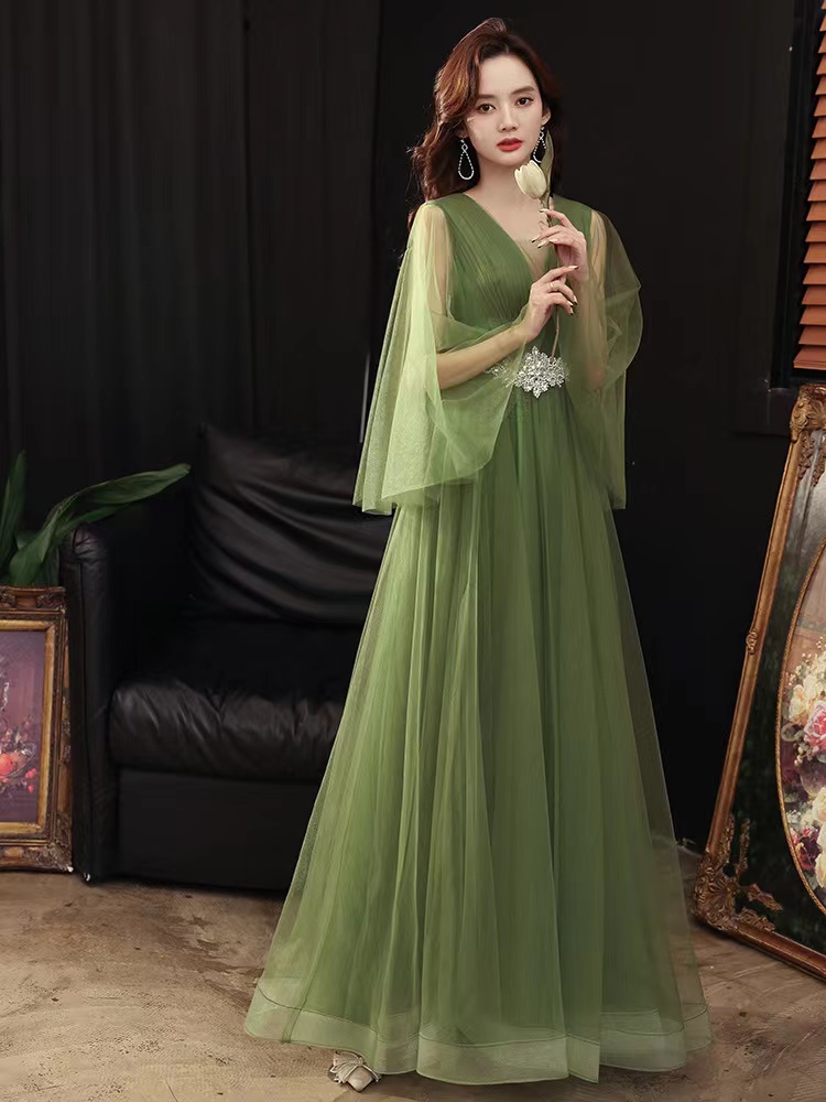 V-neck Evening Dress, Long Green Prom Dress,fresh Party Dress,custom Made
