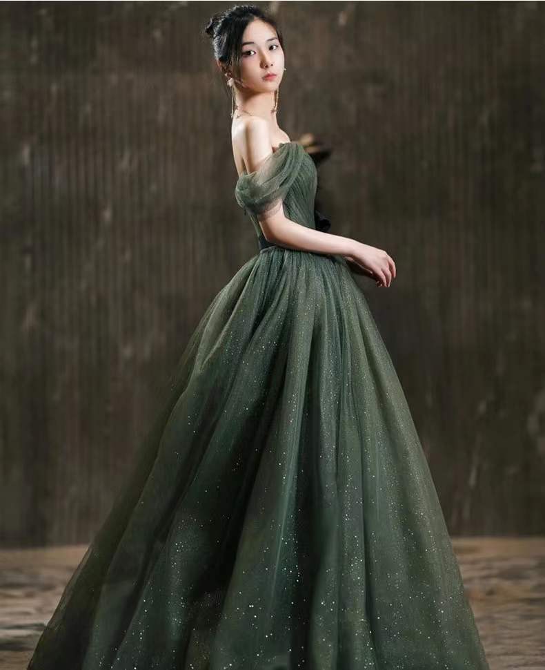 Green Prom Dress,off-shoulder Fairy Party Dress, Fresh Class Dress,custom Made