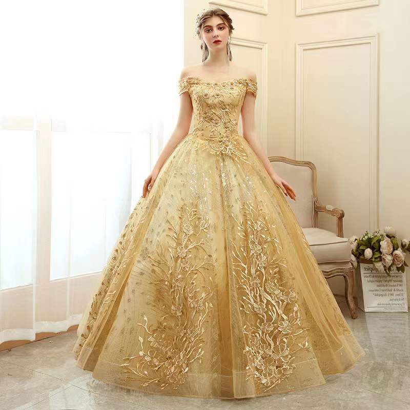 Off Shoulder Pompous Dress, Simple Gold Ball Gown,custom Made