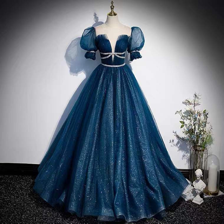 Bubble Sleeve Evening Dress ,class Sense Blue Party Dress, Princess Dream Dress,custom Made