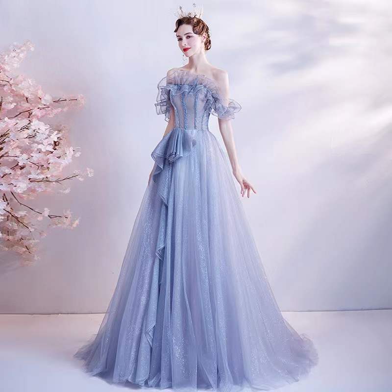 Gradual blue dress, bright starlight evening dress, off-the-shoulder dream dress,custom made