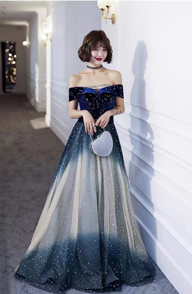 Gradient Blue Prom Dress, Starry Evening Dress, Sexy Off Shoulder Party Dress ,custom Made