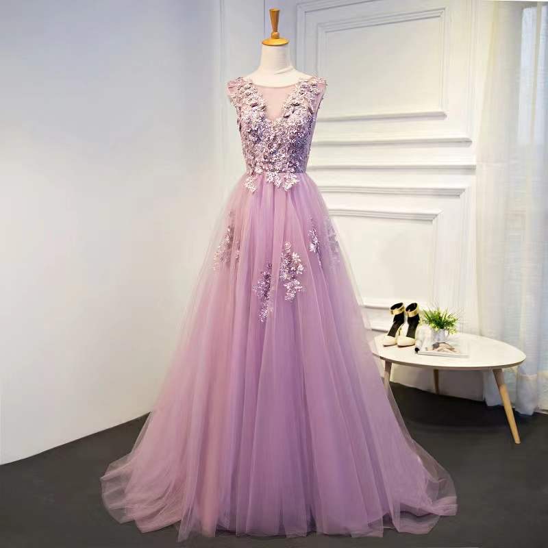 Sleeveless evening dress, pink prom dress, simple bridesmaid dress, applique party dress,Custom made