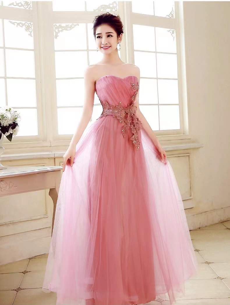 Strapless Evening Dress, Pink/red Prom Dress, Applique Bridesmaid Dress,custom Made