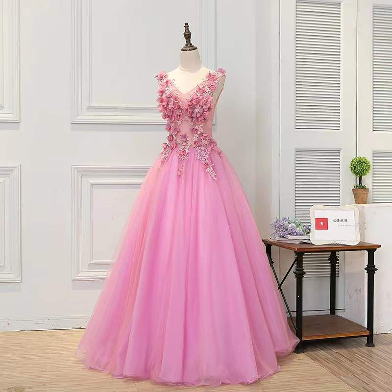 V-neck evening dress, pink prom dress, fairy birthday dress, applique party dress,Custom made