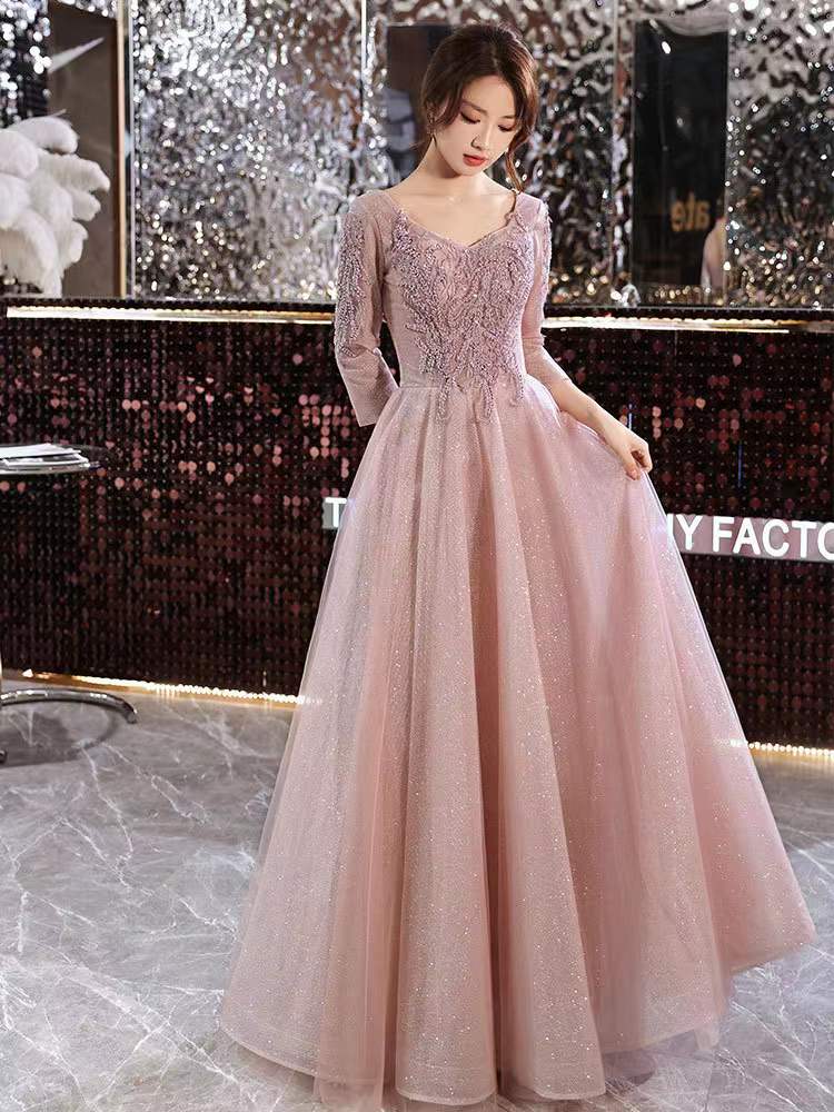 Elegant Temperament Prom Dress, Pink Atmosphere Long Sleeve Party Dress,custom Made