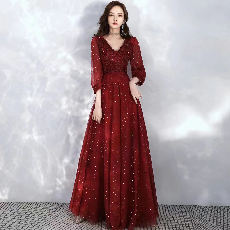 Burgundy prom dress, long sleeve party dress, v-neck evening dress,Custom made