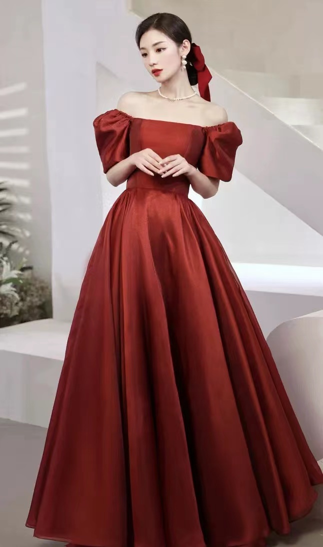 New, cute bubble sleeves prom dress, red long square collar evening dress,Custom made