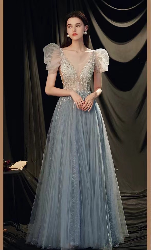 V-neck Evening Dress, Elegant Prom Dress, Bubble Sleeve Beaded Party Dress,custom Made