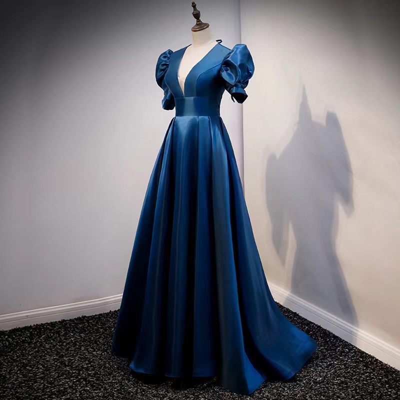 Blue Temperament Prom Dress, Bubble Sleeve Satin Evening Dress,custom Made