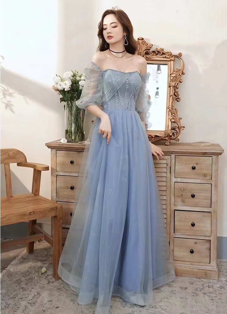 Temperament, Long Off Shoulder Prom Dress, Fairy Blue Evening Dress,custom Made