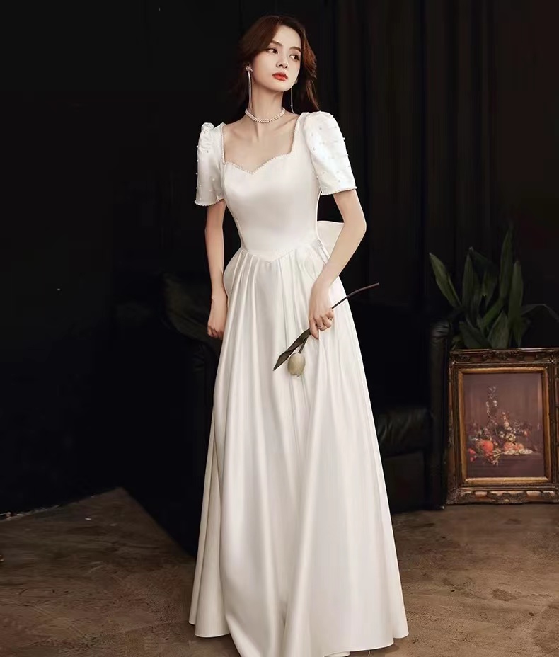 White Prom Dress, Class, Satin Princess Dress, Bow Tie Evening Dress,custom Made