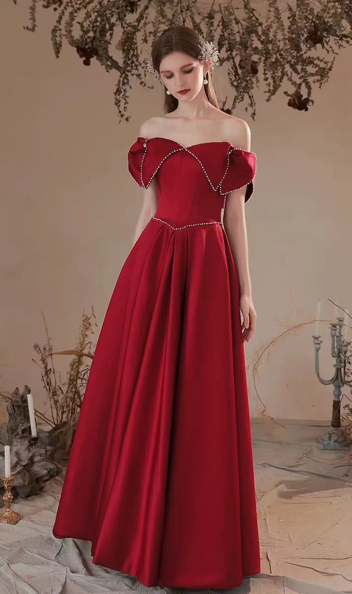 Satin Burgundy Prom Gown, Cute Off Shoulder Beaded Evening Gown,custom Made
