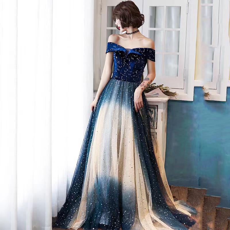 Gradient, Blue Party Dress , Velvet And Tulle,off Shouler Prom Dress,custom Made