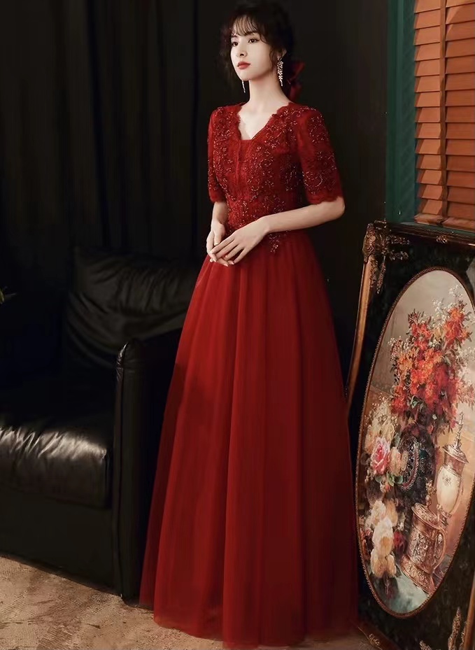 Burgundy Prom Dress, V-neck Evening Dress,mid Sleeve Formal Dress,custom Made