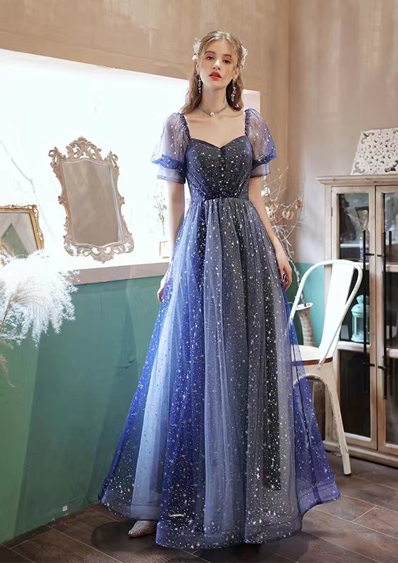 Blue Birthday Dress, Square Collar Bridesmaid Wedding Dress,custom Made