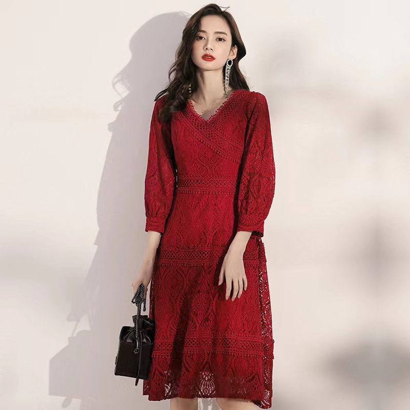 V-neck Burgundy Dress, Lace Red Dress,long Sleeve Party Dress,custom Made