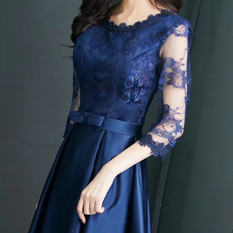 Navy Evening Dress, Mid - Length Party Dress, Lace Long - Sleeve Formal ...