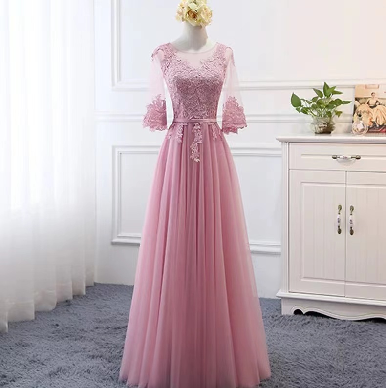 Round-neck Bridesmaid Dresses , Sisters Elegant Evening Gowns , Pink Dresses,custom Made