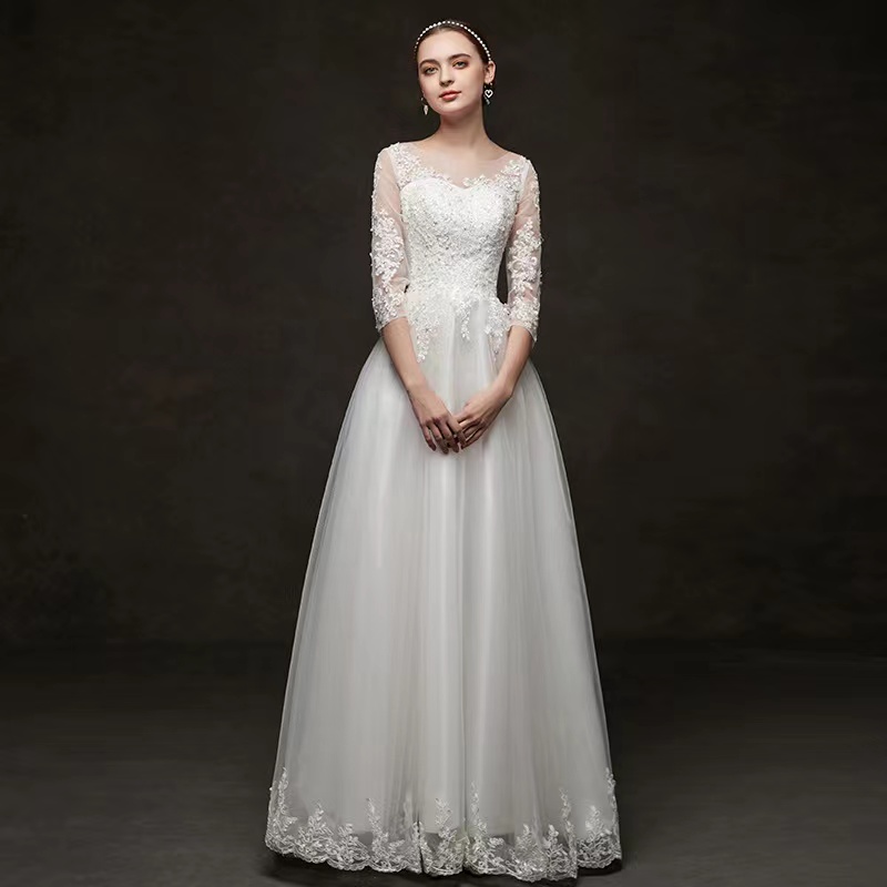 Simple Wedding Dress, Floor Length White Dress, Long Sleeve Lace Dress,custom Made