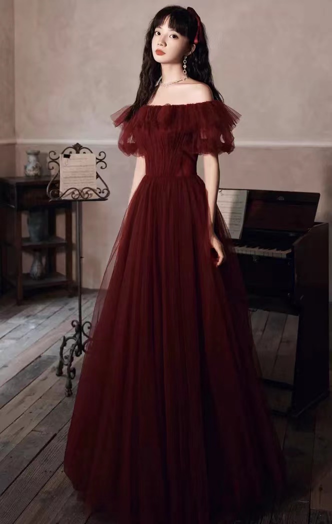Burgundy Prom Dress, Fairy Party Dress, Long Chic Off Shouder Evening Dress,custom Made