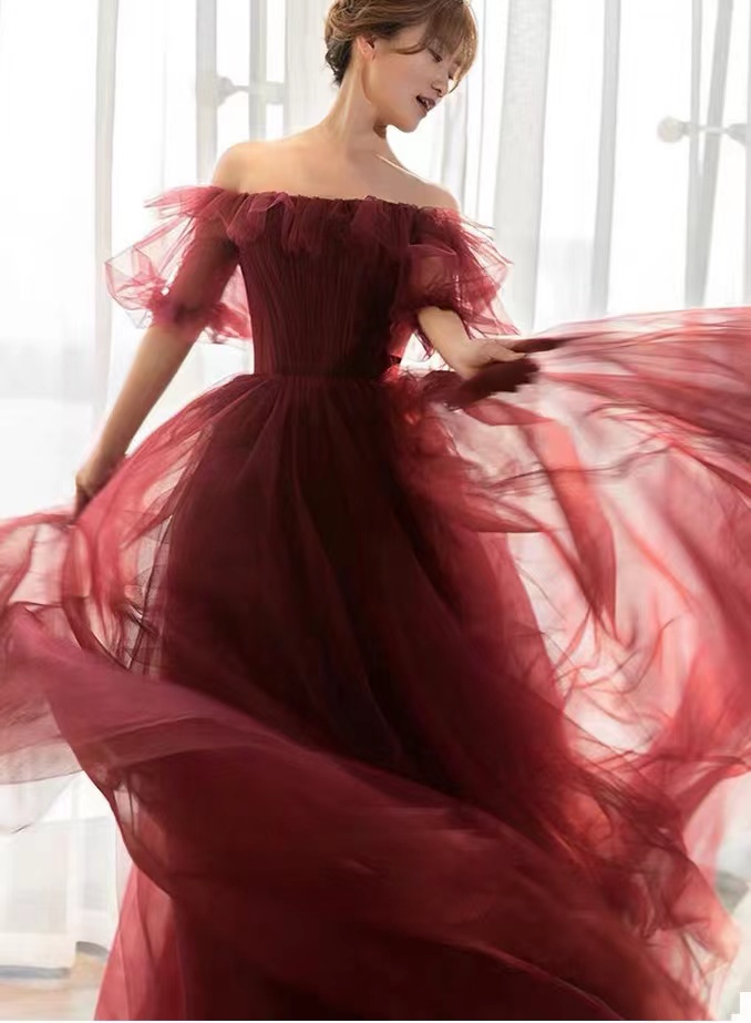 Off Shoulder Evening Dress, Burgundy Evening Dress, Chic Prom Dress,custom Made