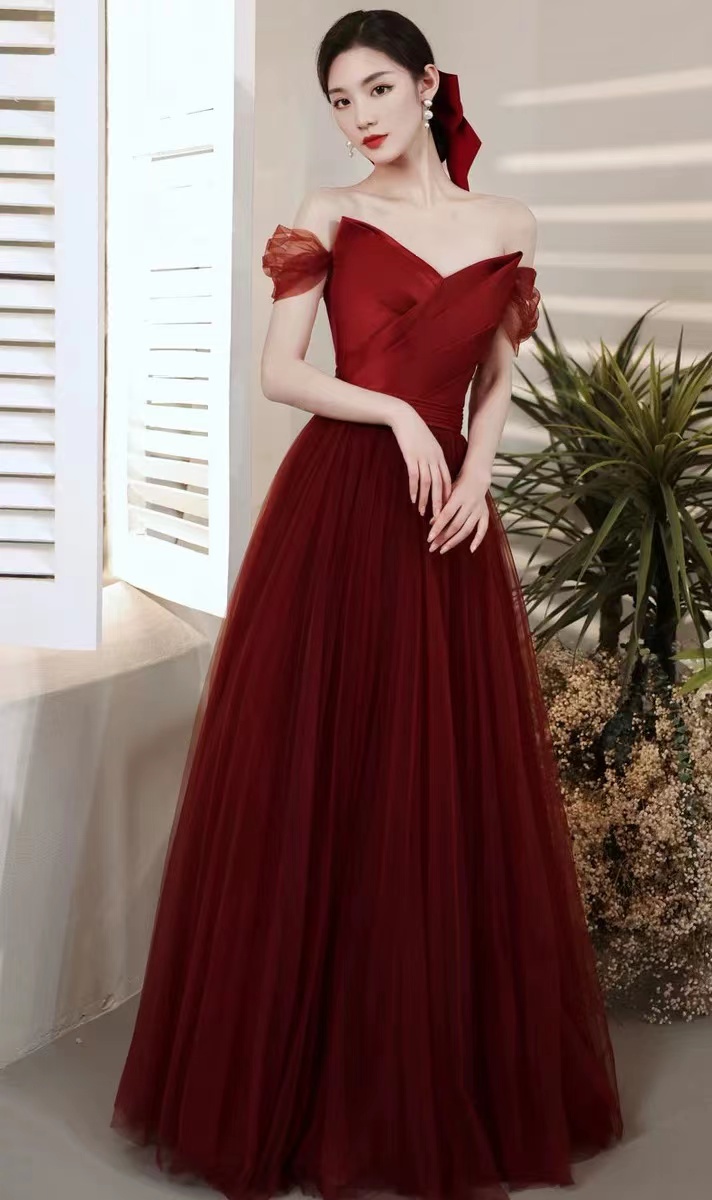 Burgundy Prom Dress, Off Shoulder Party Dress, Fairy Evening Dress,custom Made