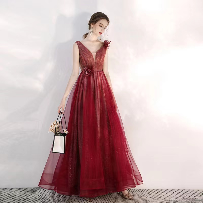 Burgundy Prom Dress, Fairy Party Dress,v Neck Chic Dress,custom Made