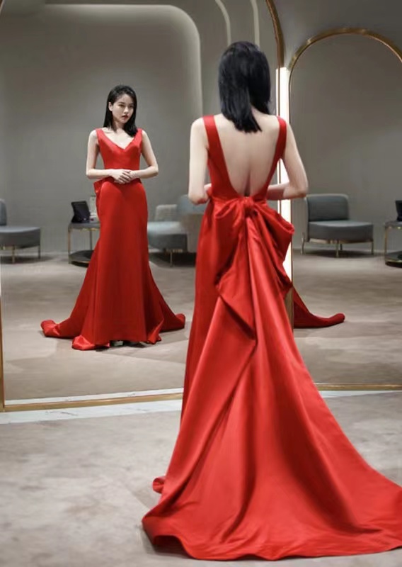 Elegant Formal Dress, Simple Red Dress, Long Trailing Backless Evening Dress,custom Made