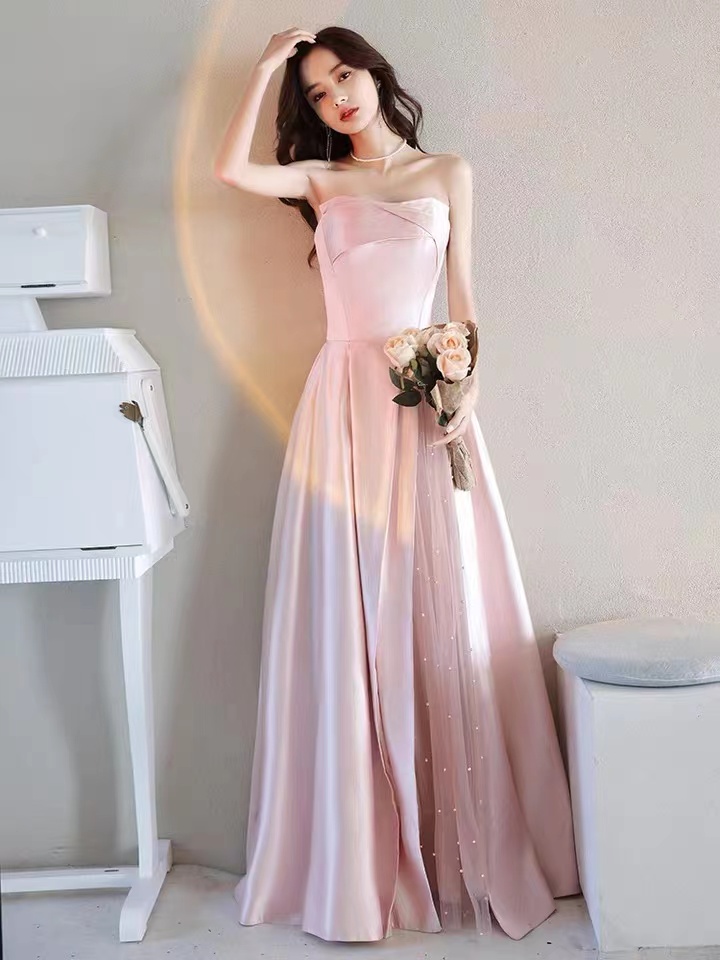 Pink Evening Dress, Strapless Bridesmaid Dress ,satin Prom Gown,custom Made