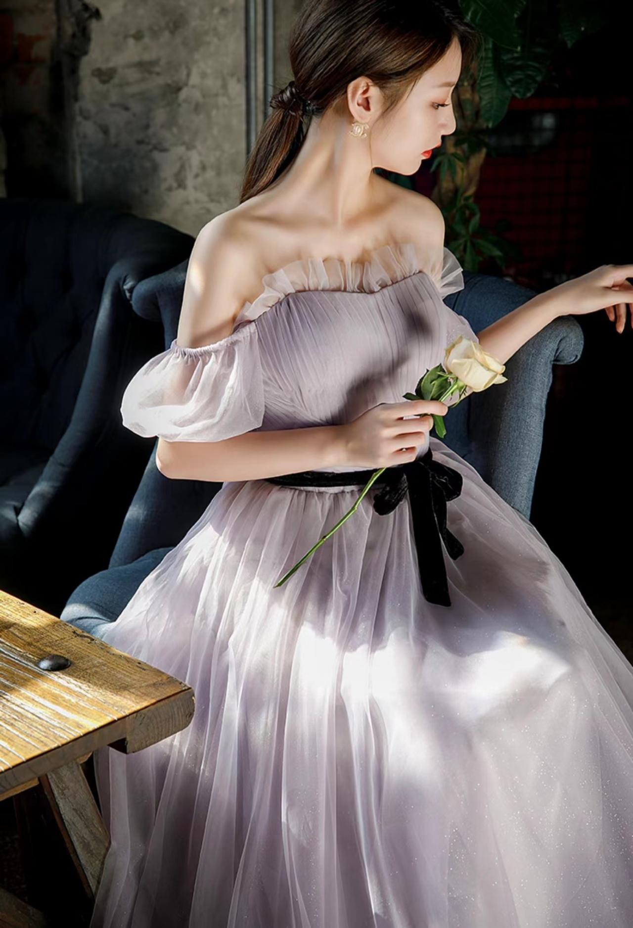 Off shoulder evening dress, temperament party dress, purple noble fairy dress,custom made