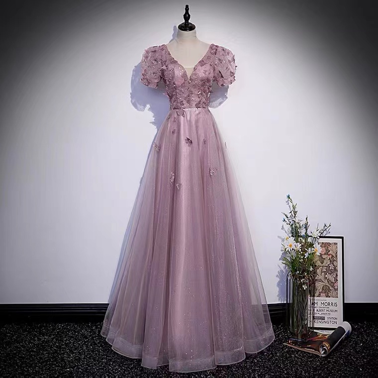 Pink Evening Dress, High Grade Fairy Dress, V-neck Light Luxury Prom Dress With Butterfly Applique,custom Made