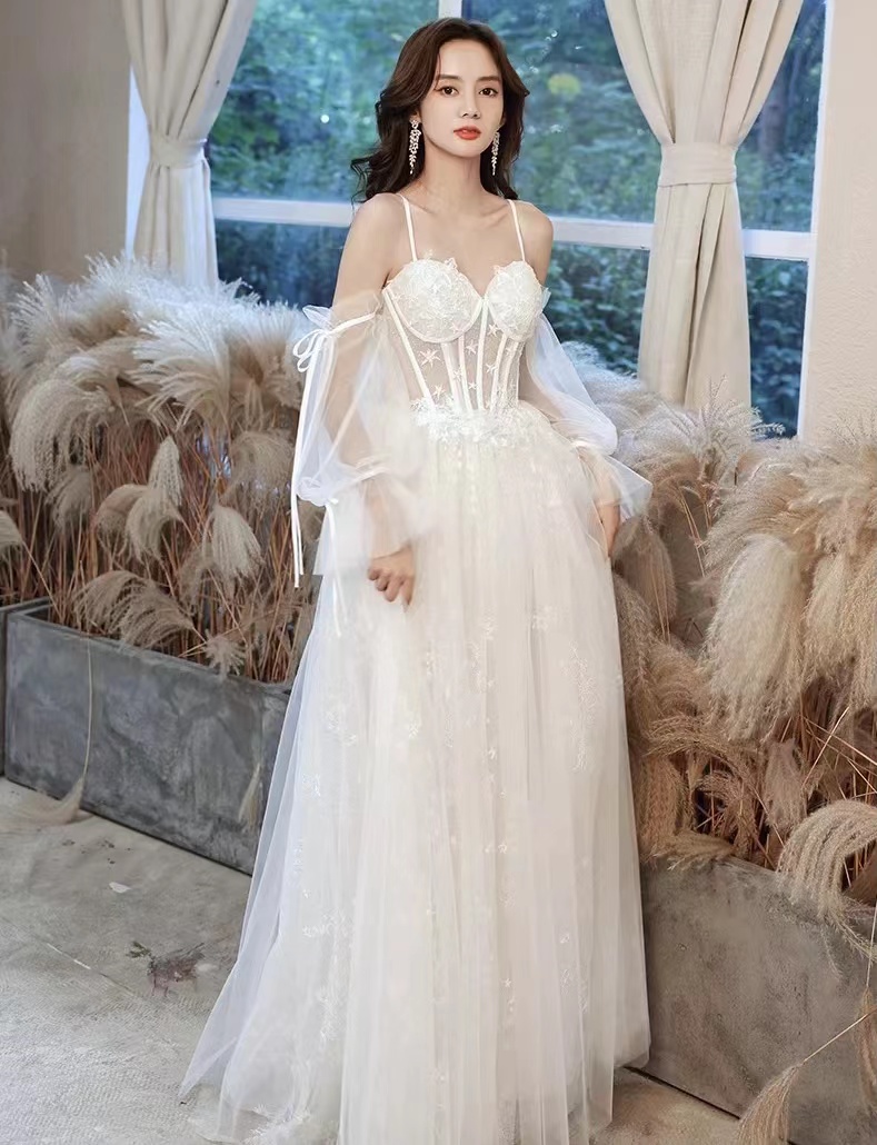 White Evening Dress, Spaghetti Strap Party Dress, Fairy Party Dress,custom Made