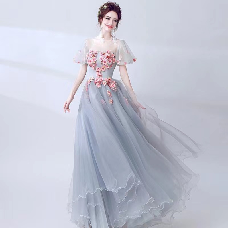 Princess Charming Prom Gown, Grey Blue Party Dress With Flowers,custom Made