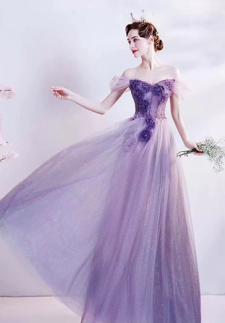 New, fairy prom gown, purple evening gown with flowers,custom made