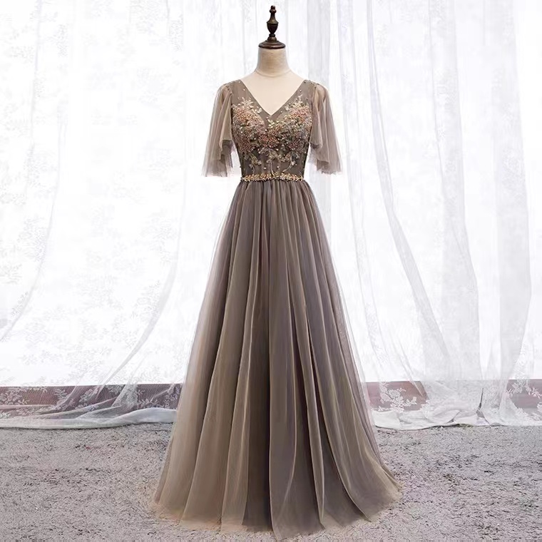 V-neck Prom Dress, Dark Grey Evening Dress,elegant Formal Dress,custom Made