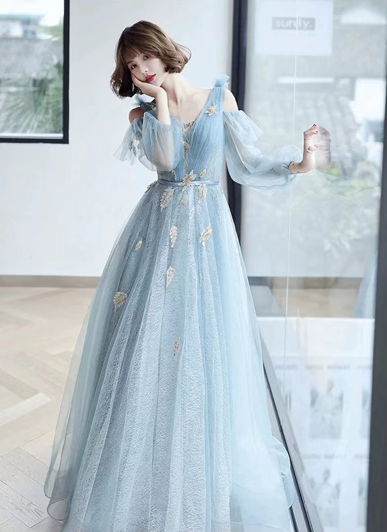 Blue Prom Dress, Fairy Party Dress, Dream Birthday Long Sleeve Evening Dress,custom Made