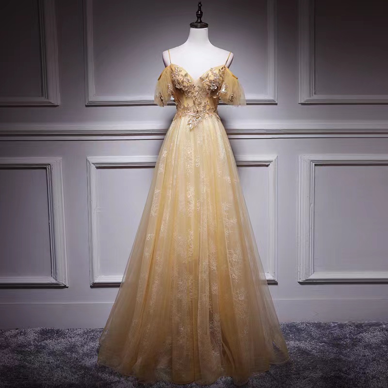 Yellw Evening Dress, Fairy Prom Dress,spaghetti Strap Party Dress ,custom Made