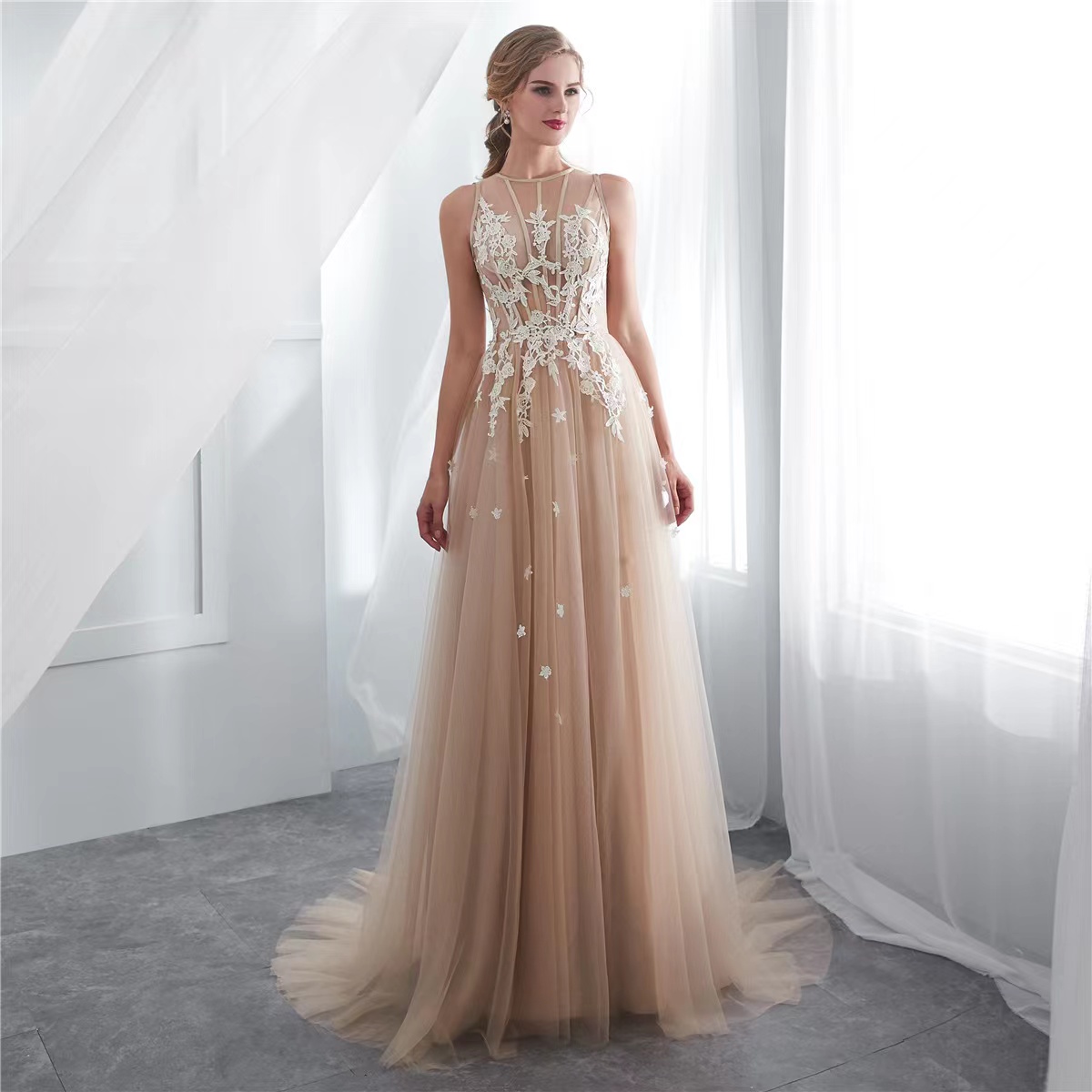 Champagne prom dress,lace party dress,elegant wedding dress,custom made