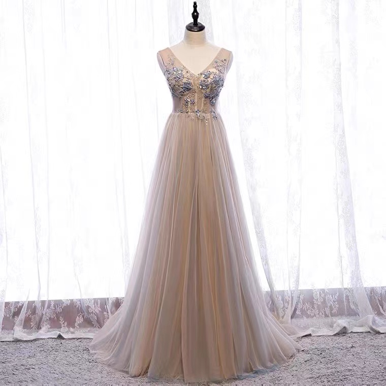 Sexy,gray Party Dress,v-neck Fairy Prom Dress With Applique,custom Made