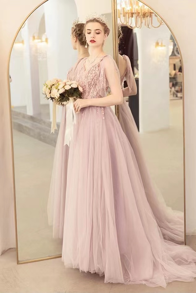 V-neck Prom Dress , Pink Party Dress,sweet Evening Dress,custom Made