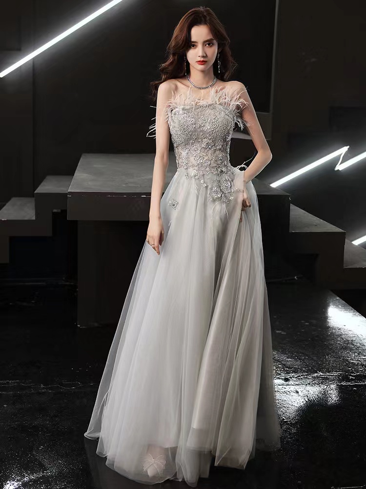 Pale Blue Grey Prom Dress,strapless Evening Dress ,feather Birthday Princess Dress,custom Made