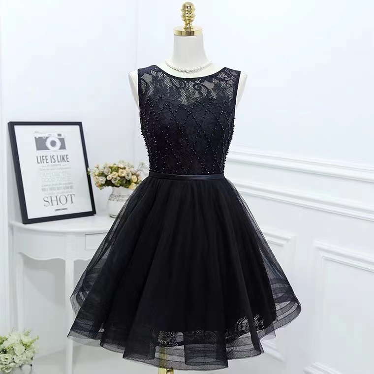 Fashion, Black Evening Dress, Lace Puffy Dress, Sleeveless Homecoming Dress,custom Made
