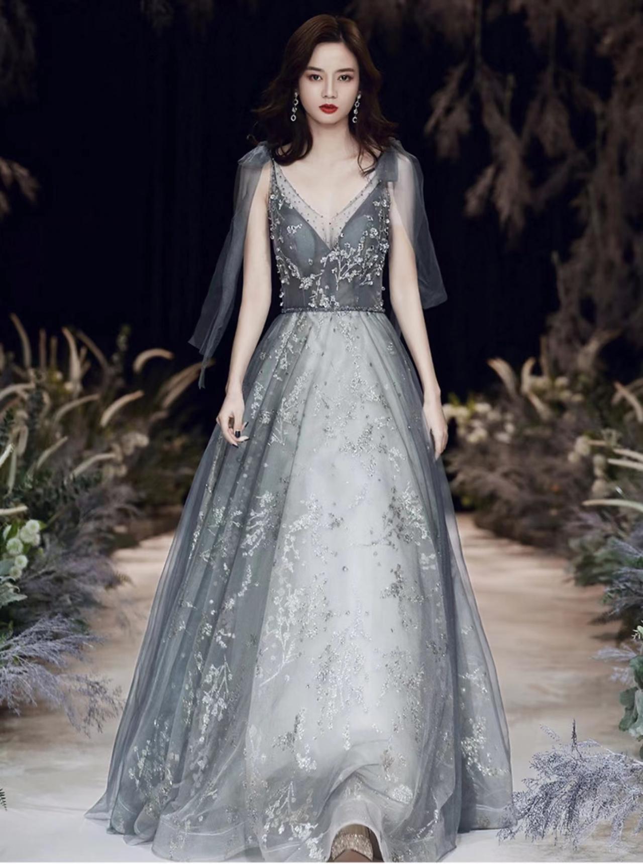 V-neck Evening Dress, Fairy Party Dress,gray Prom Dress,custom Made